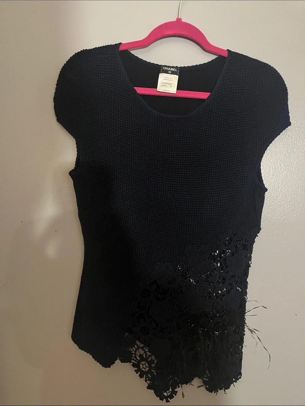 CHANEL Blue  Textured Sleeveless Top with black Lace & Feather Detail